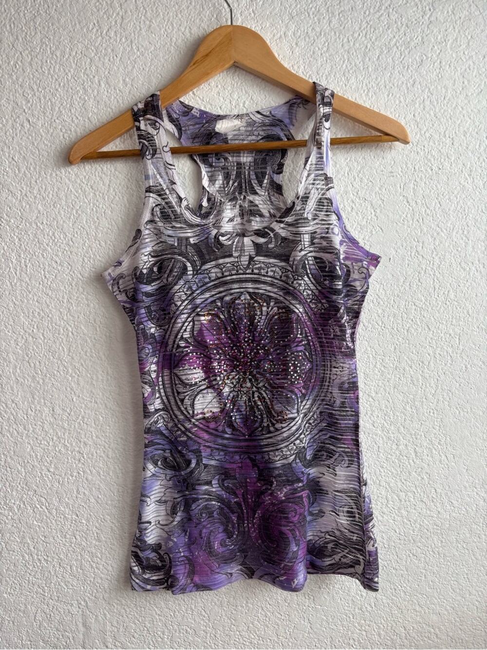 Y2K Purple Rhinestone Semi Sheer Racerback Tank Top Large Tattoo Alt